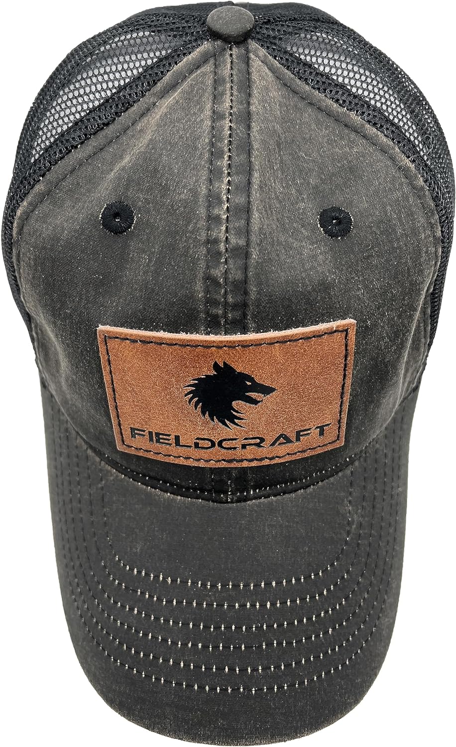 FIELDCRAFT Waxed Canvas Trucker Hat Leather Patch Adjustable Snap Back Brown Black Wolf Logo